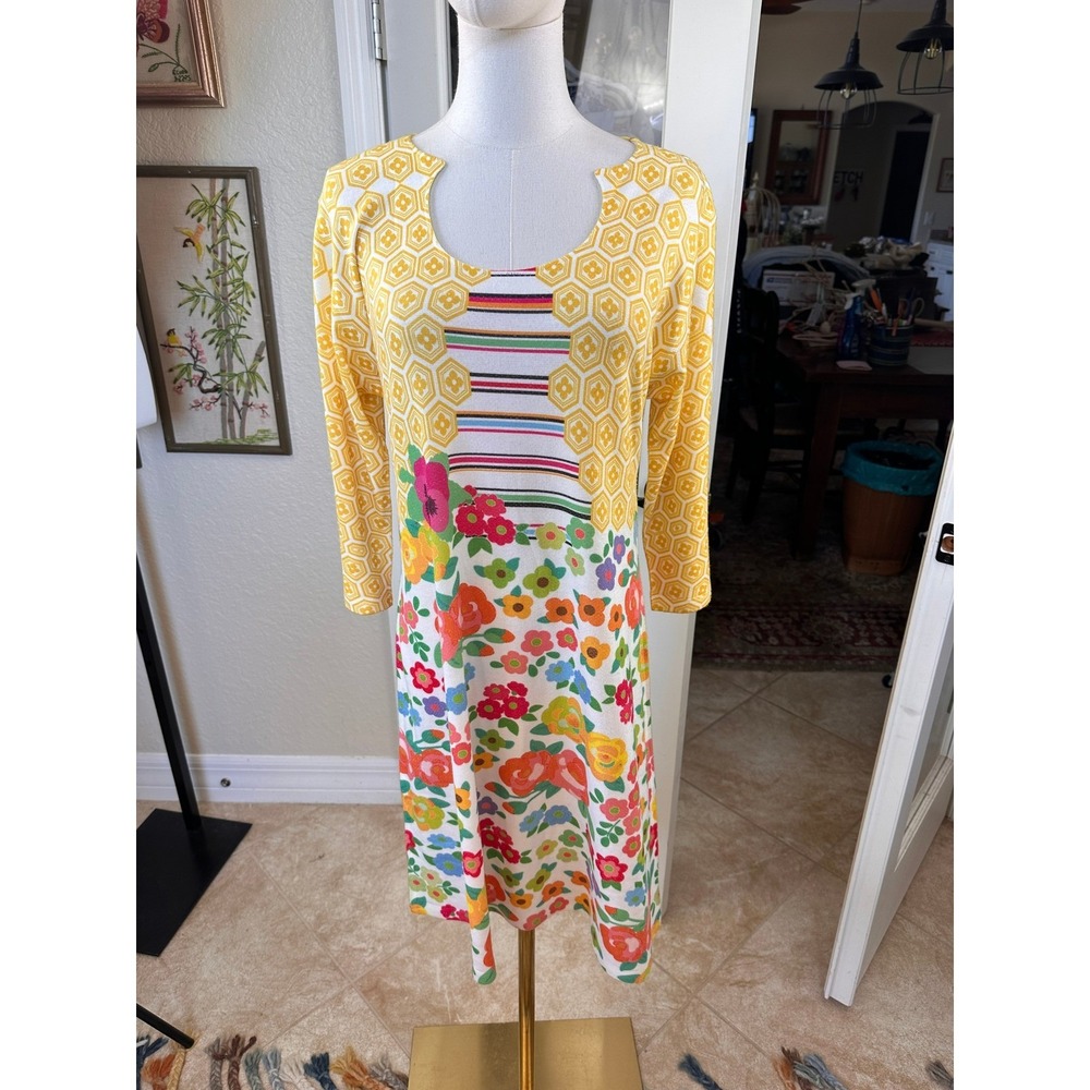 Atelier5 NWT Gözde Yilmaz Yellow Geometric Floral Striped Midi Dress Size L - Picture 5 of 14